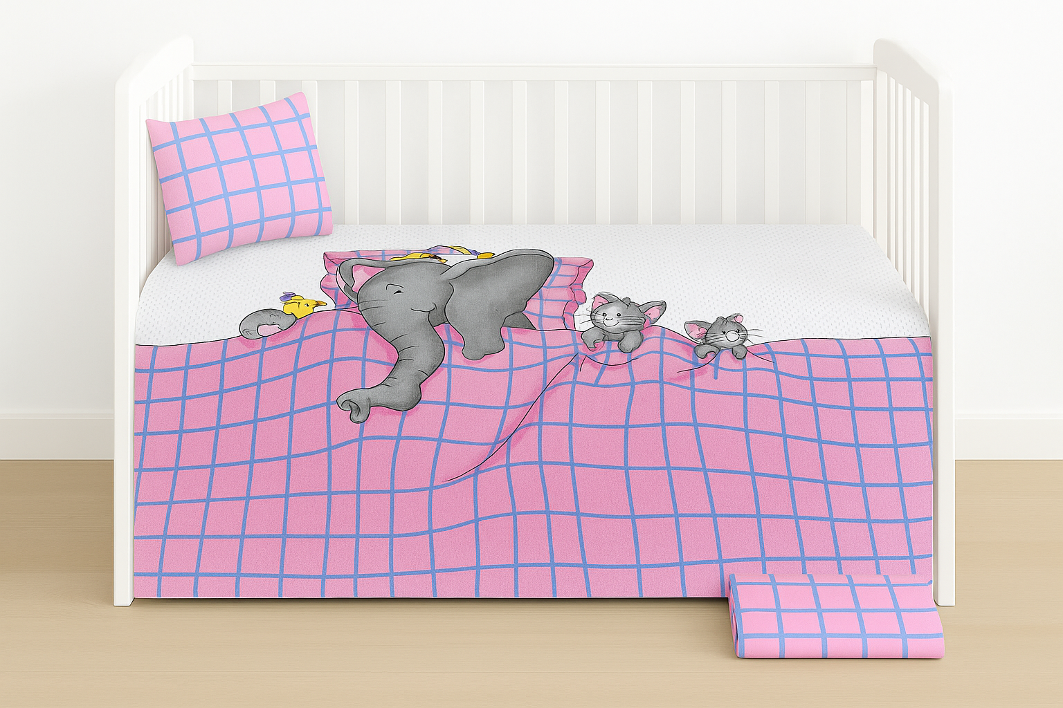 400019 Σετ Σεντόνια Κούνιας 3 Τεμαχίων 100x150 Cosmin Εlephant Pink+white - Image 1