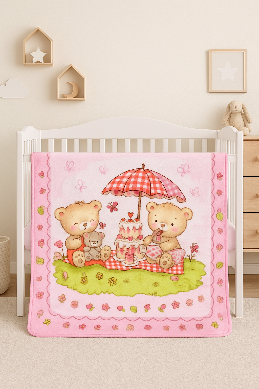 40002 Κουβερτούλά Βελουτέ Κούνιας 110x150 Cosmin Bears Pink - Image 1