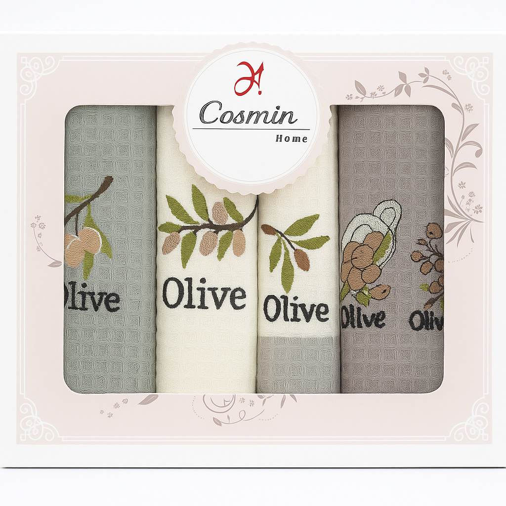 400035 Σετ Ποτηρόπανα 4 Τεμαχίων 40x60 Cosmin Natural Olive Line - Image 1