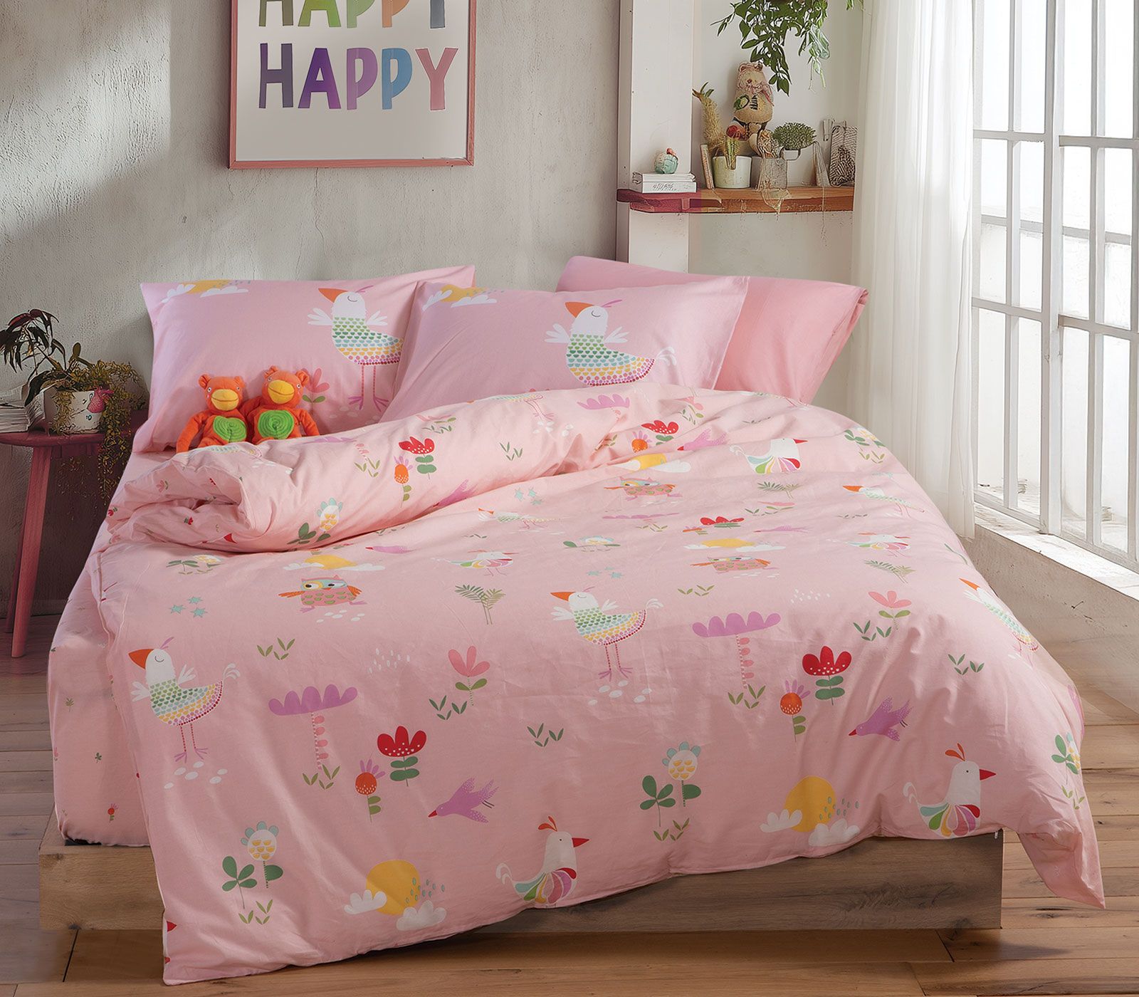 5205495632100 Σετ Σεντόνια Μονά Παιδικά 170×260 Nef Nef Birds Mania Pink - Image 1