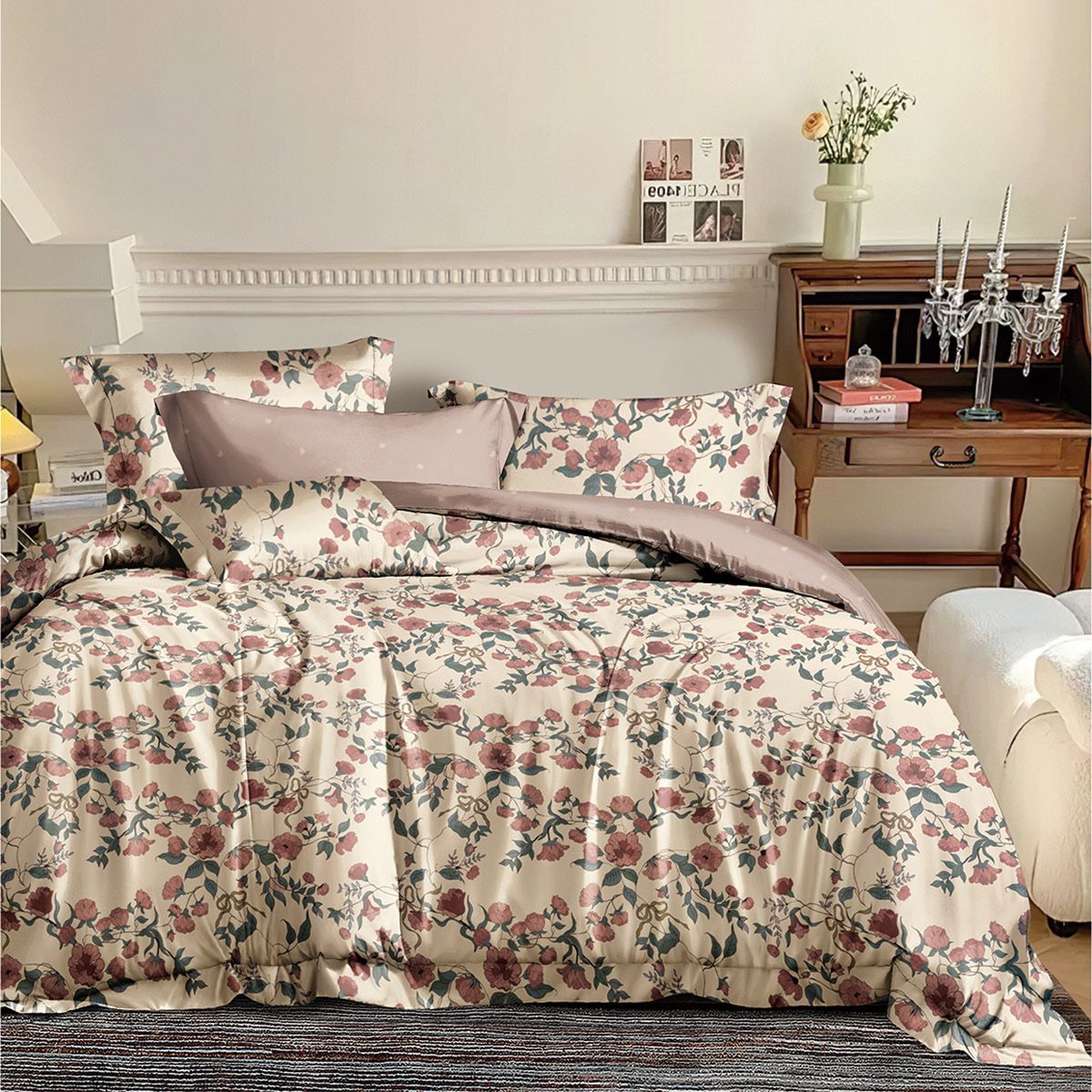12676 Beauty Home Σετ σεντόνια υπέρδιπλα με λάστιχο Memories Art 12676 165x200+30 Μπεζ,Ροζ - Image 1