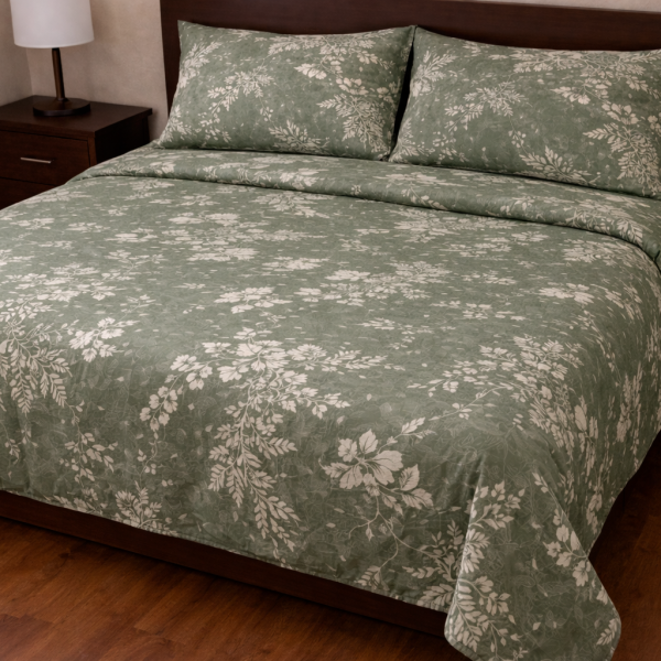 Σετ Παπλωματοθήκη Υπέρδιπλη 220x240 Cosmin Eldi Flannel Flowers Green